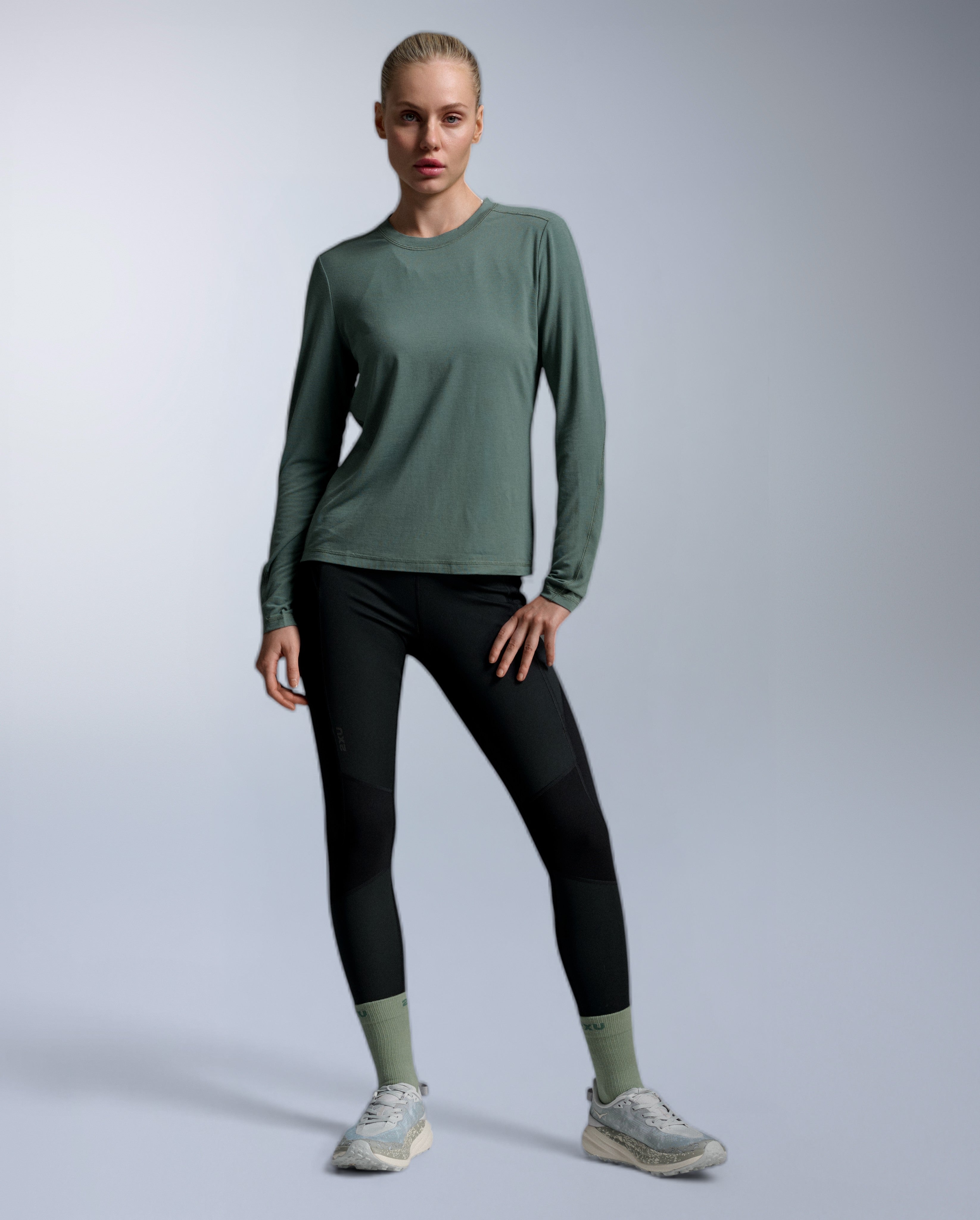 2xu-ignition-wool-long-sleeve-wollshirt-olive-damen image 2